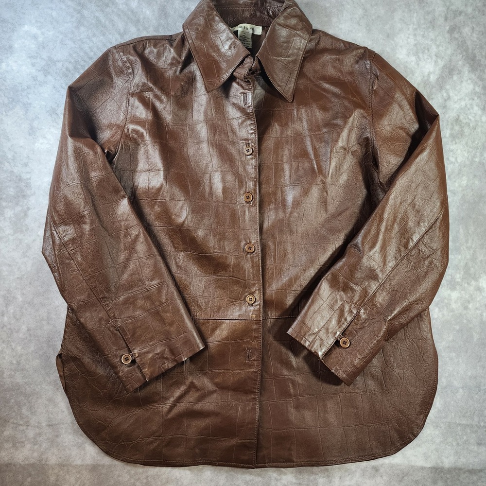 Vintage Santa Fe Brown Croc Embossed 100% Leather Shirt Jacket Sz 14 Y2K